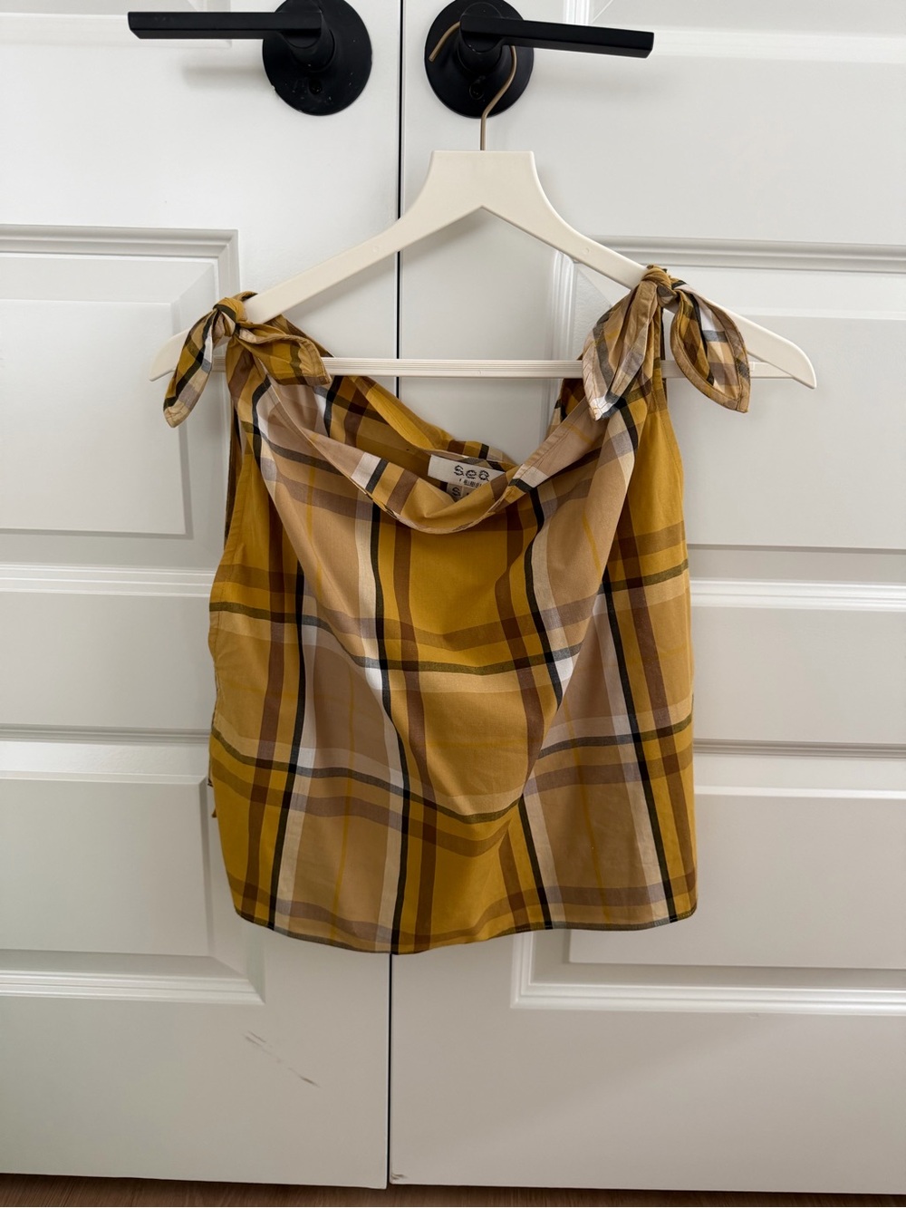Sea New York Plaid Tie-Shoulder Cowl Neck Tank Top